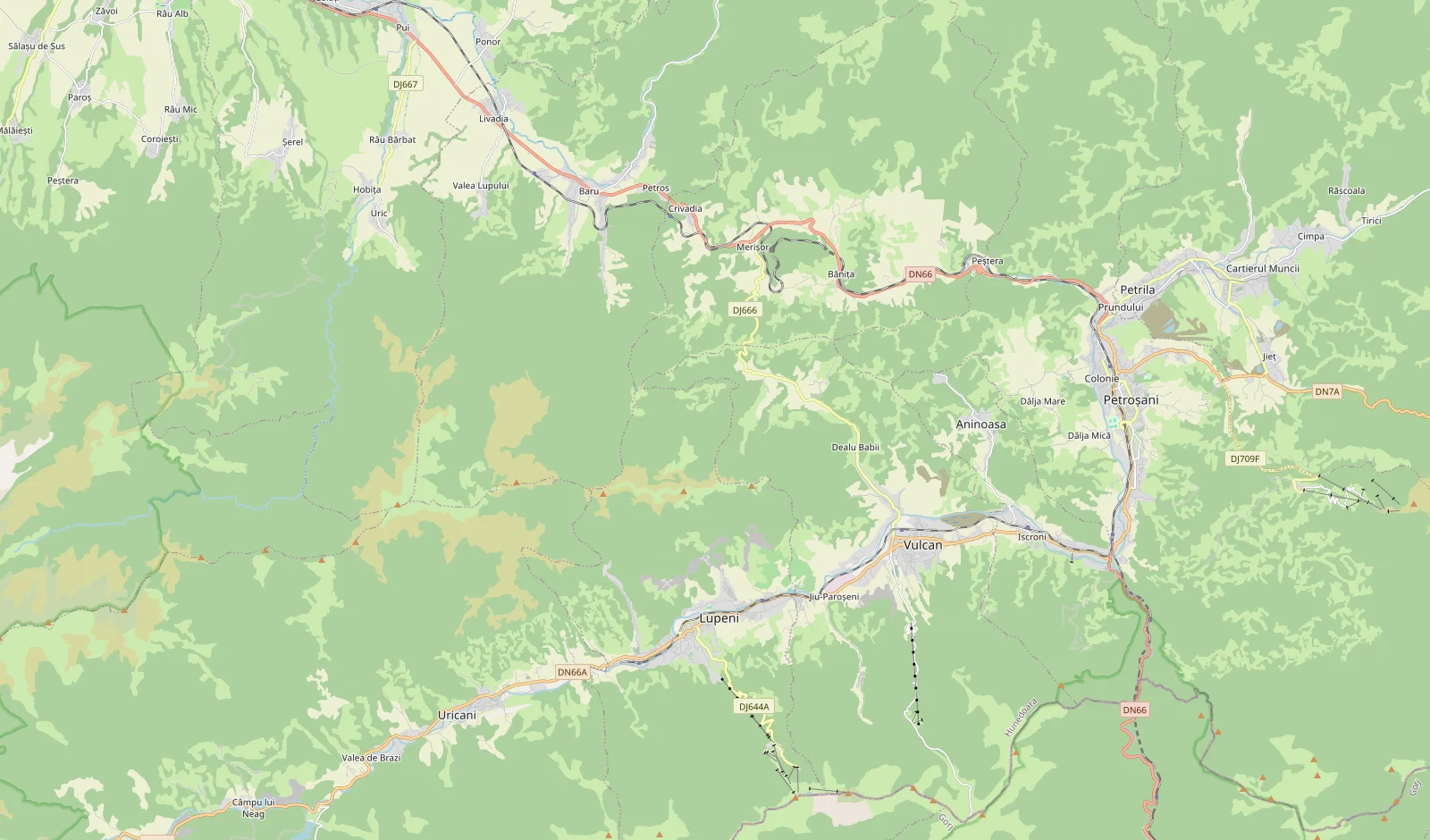 Hartă OpenStreetMap cu zona Valea Jiului: Uricani, Lupeni, Vulcan, Petroșani, Petrila și Aninoasa.